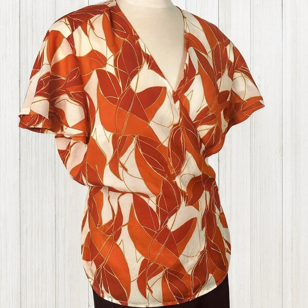 Lane Bryant Red Orange Leaf Print Wrap Blouse Flutter Sleeve V-Neck  Size 22-24